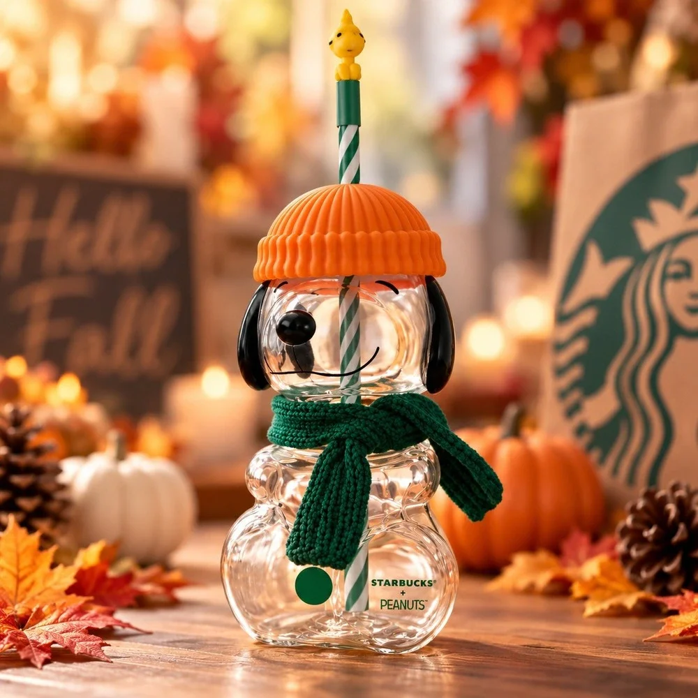 Starbucks x Peanuts Snoopy Glass Cold Cup 20oz Woodstock Topper Fall NEW